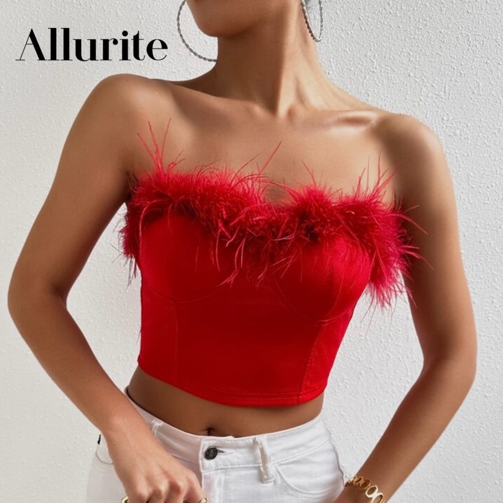 Red Feather Trim Corset Crop Top